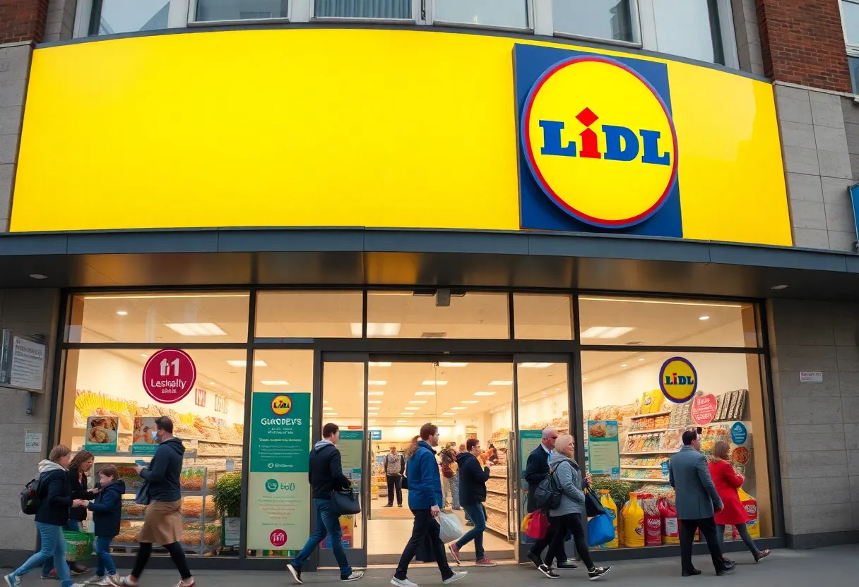 Exterior of a Lidl grocery store in New York City bustling with shoppers.