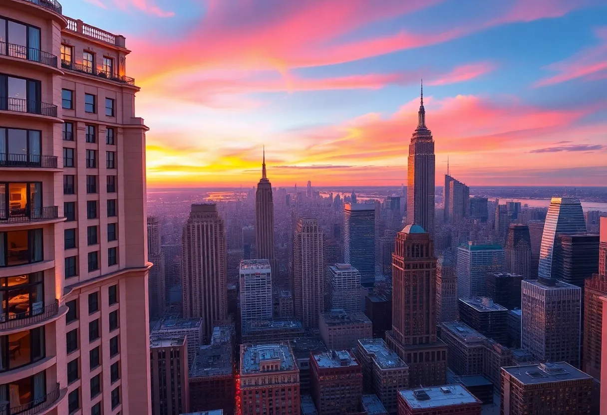 A beautiful skyline view of New York City showcasing luxurious hotels