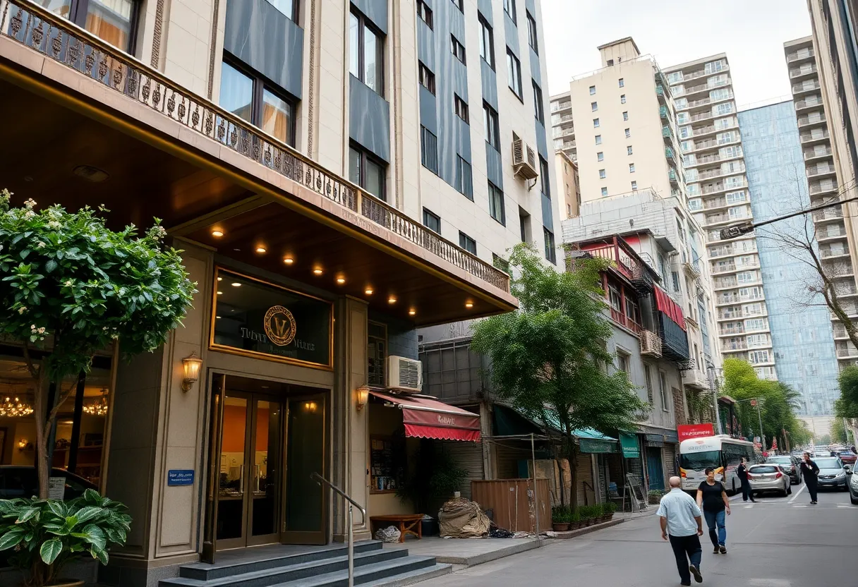 Exterior view of a luxury hotel highlighting disparities in migrant housing.