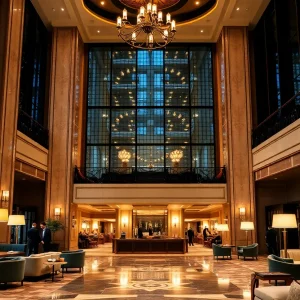Luxurious hotel lobby in New York City with elegant decor