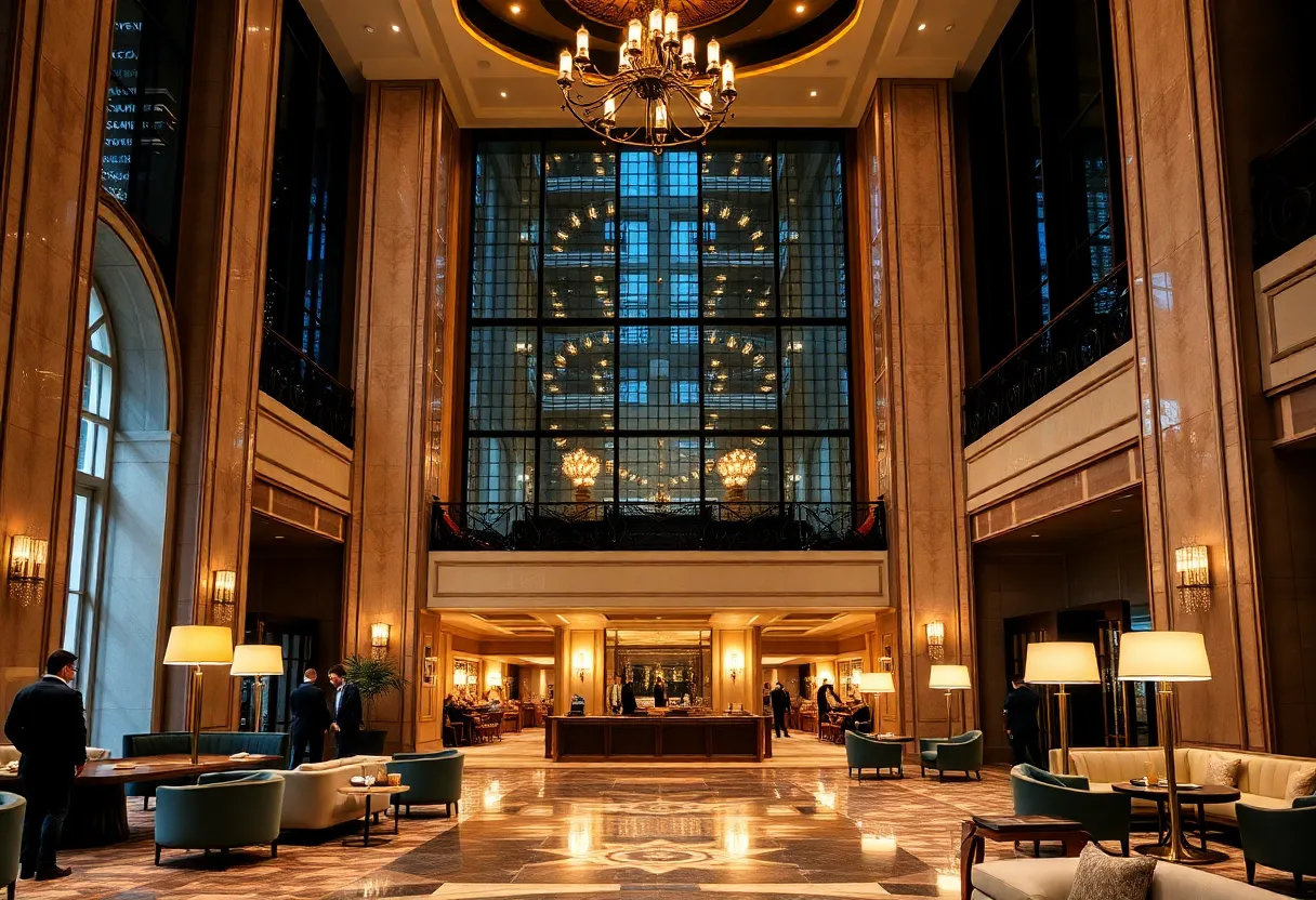 Luxurious hotel lobby in New York City with elegant decor
