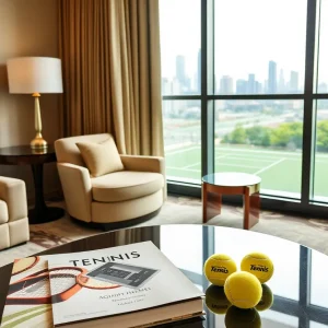 Luxury hotel suite showcasing tennis-themed amenities