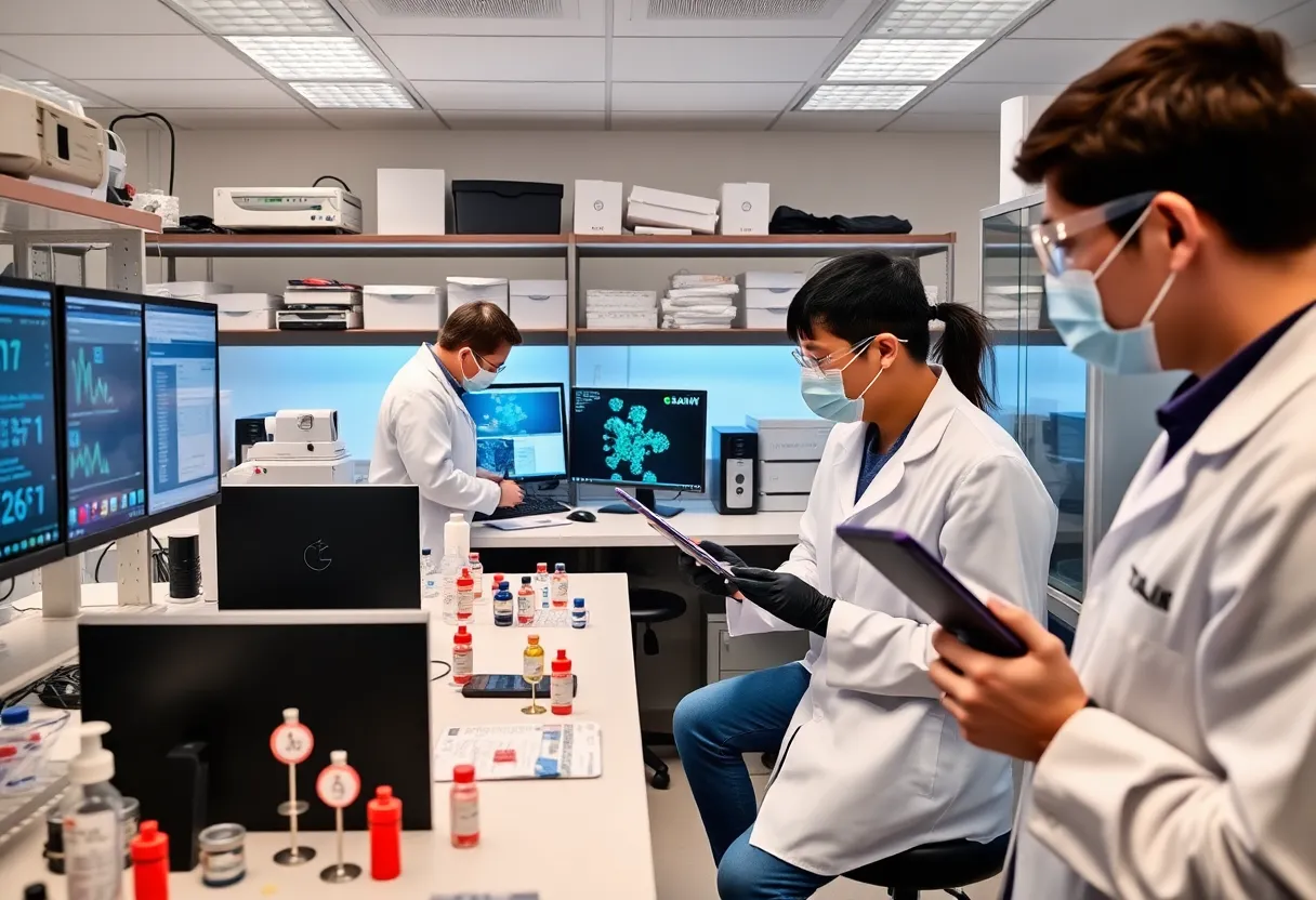 Researchers in a laboratory working on mRNA vaccine technology
