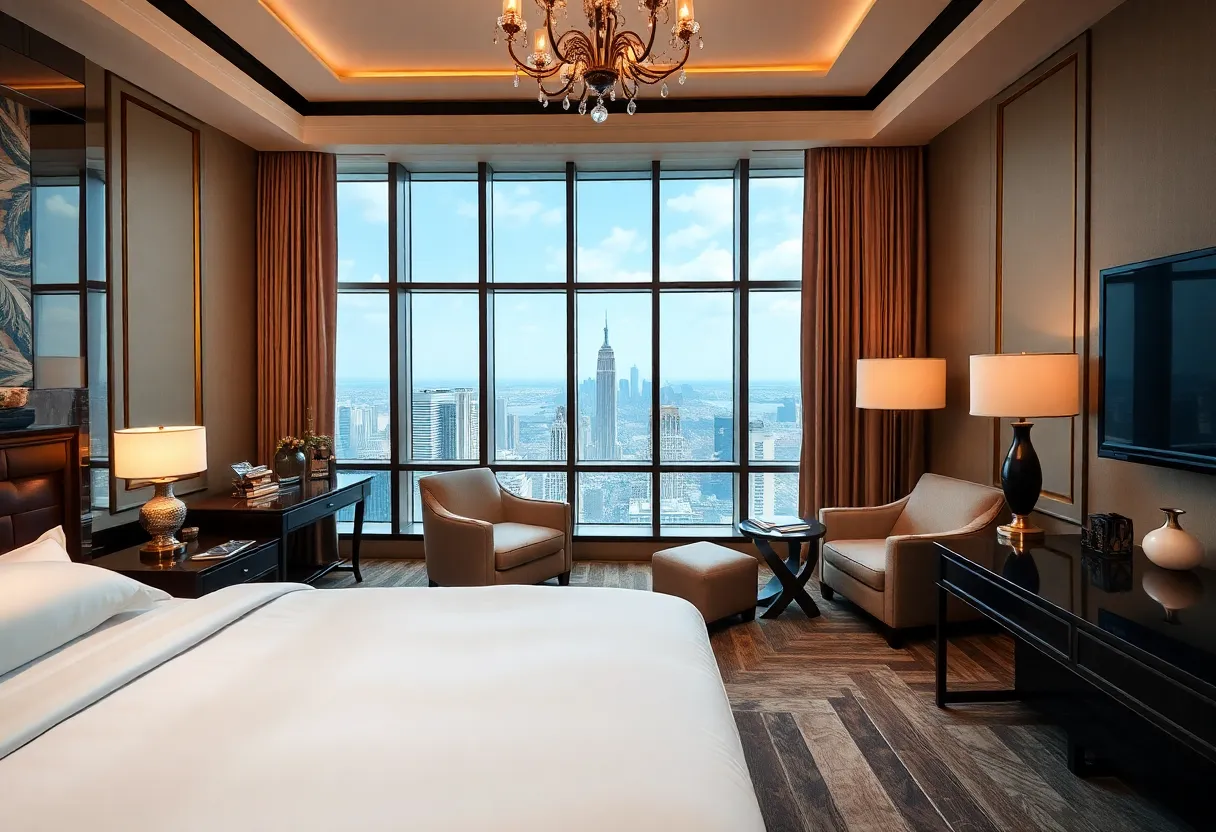 Interior view of the Manhattan Suite at Park Hyatt New York showing elegant decor and city view