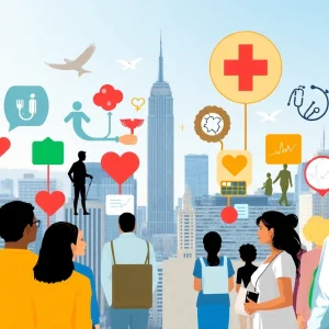 Illustration depicting healthcare and Medicaid issues in New York.