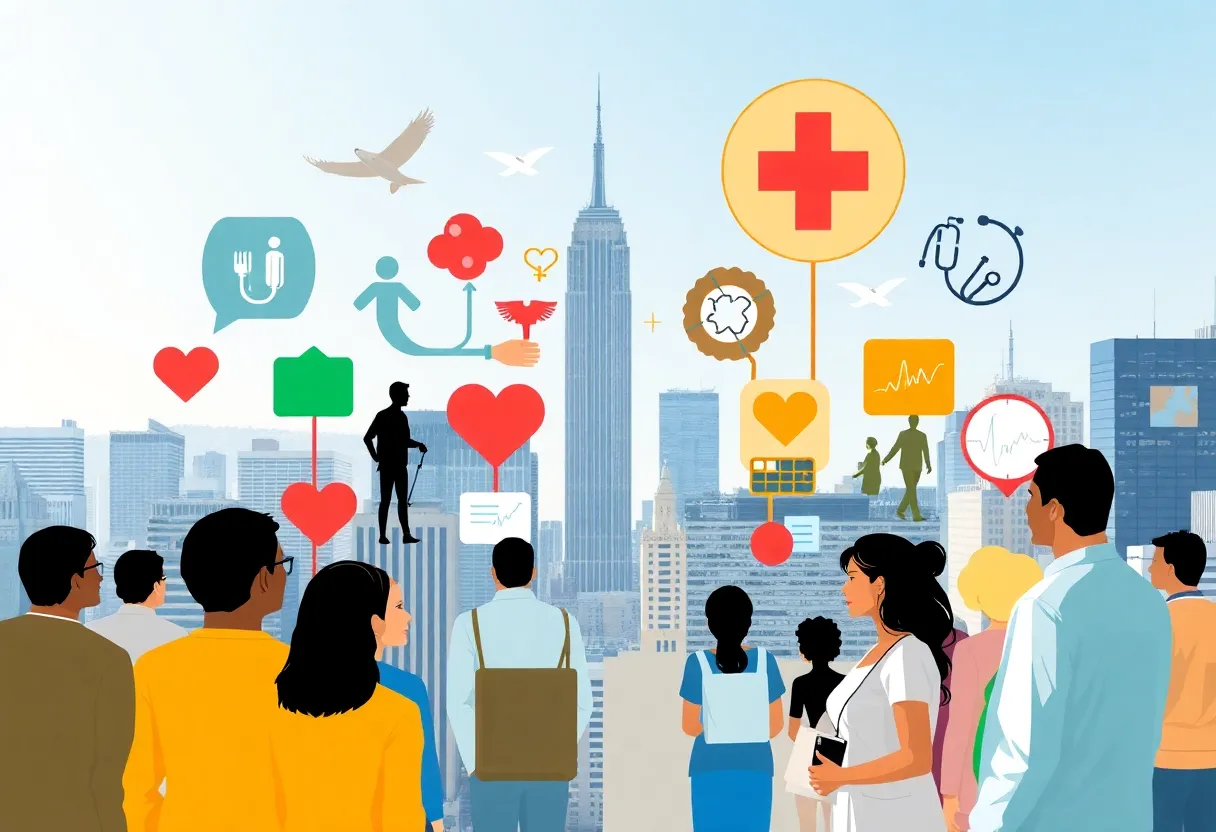 Illustration depicting healthcare and Medicaid issues in New York.