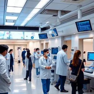 A busy Memorial Sloan Kettering Cancer Center showcasing advanced healthcare technology.