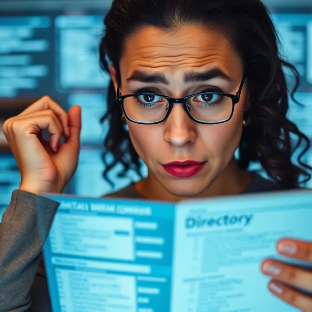 Individual struggling to find mental health care providers in a directory
