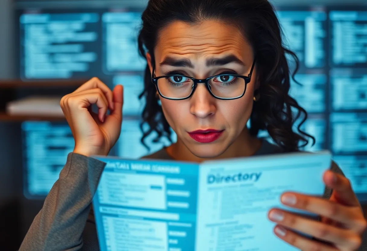 Individual struggling to find mental health care providers in a directory