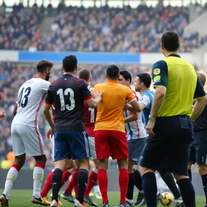 Intense soccer match with referees enforcing discipline