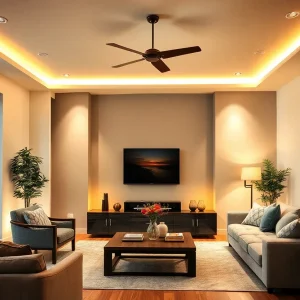 Cozy living room with layered lighting design