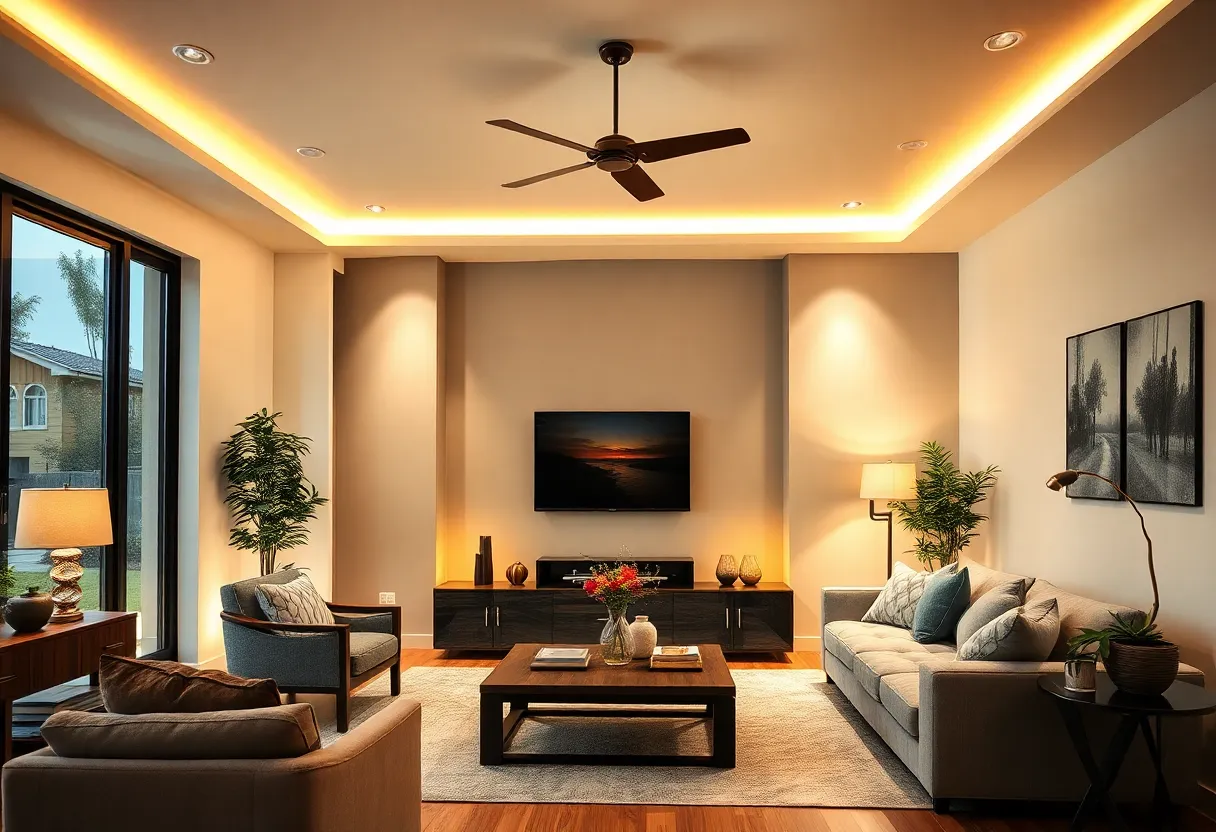 Cozy living room with layered lighting design