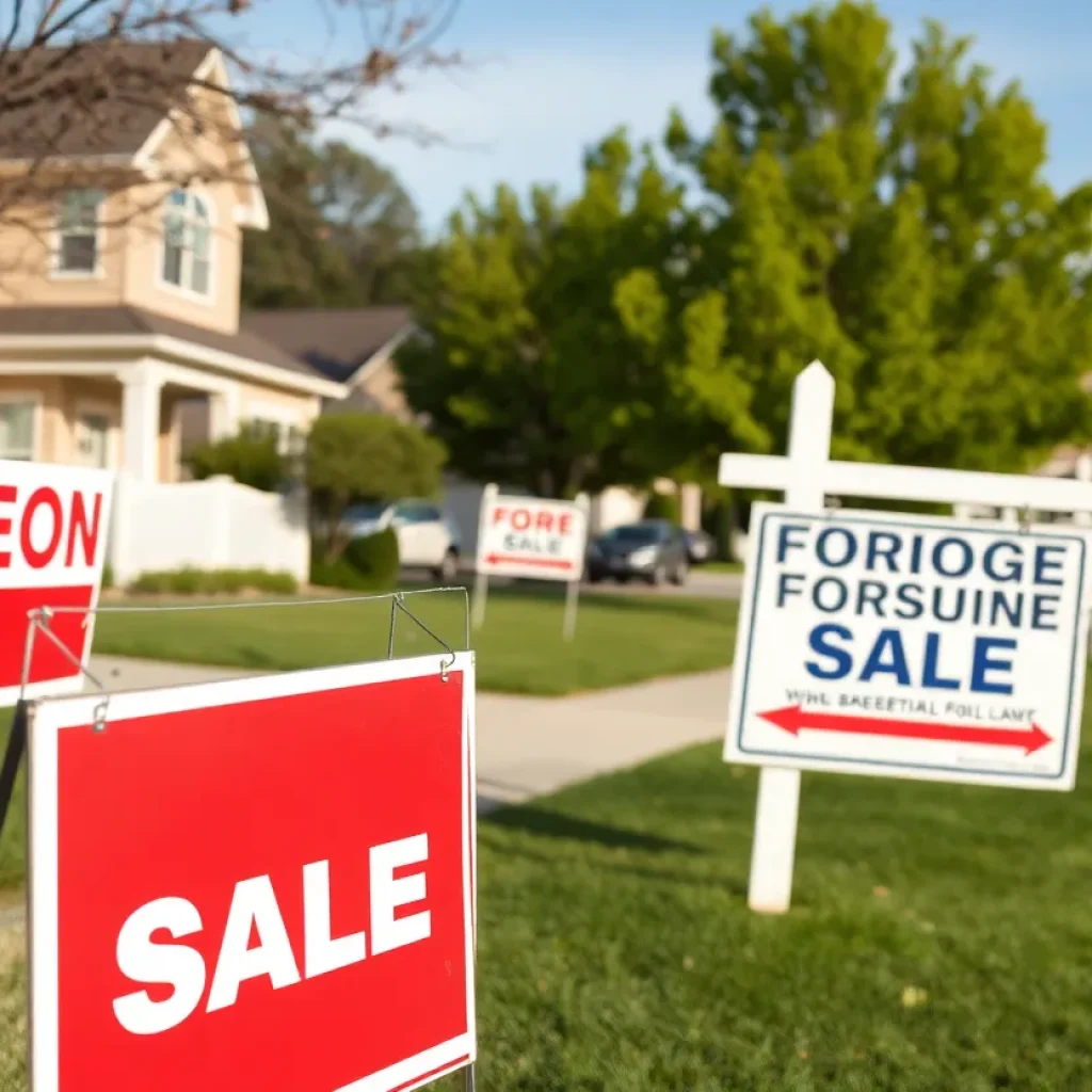 Foreclosure signs displayed in a suburban neighborhood