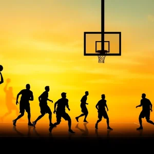 Dynamic basketball court with silhouettes of players indicating player movement.