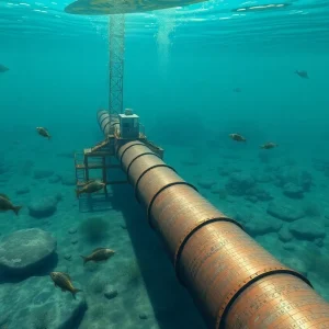 An artistic rendering showing the underwater gas pipeline and its environmental surroundings.