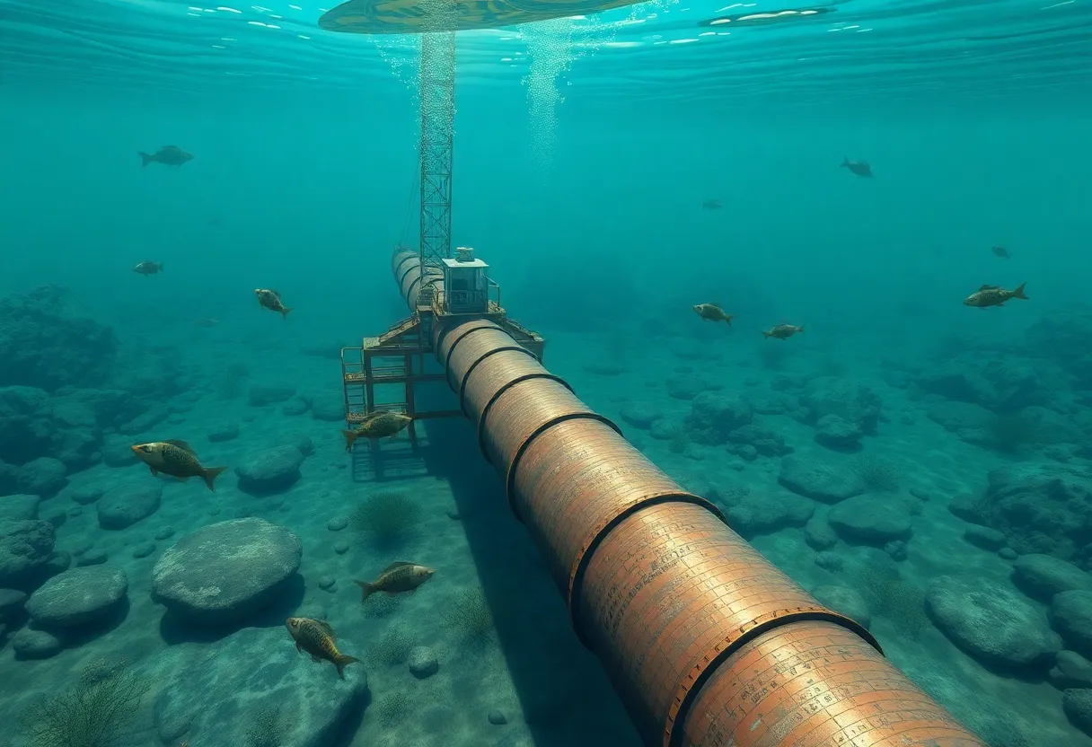 An artistic rendering showing the underwater gas pipeline and its environmental surroundings.