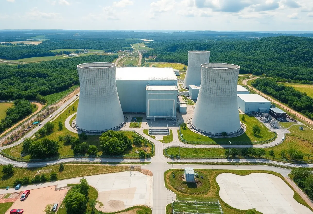 Artistic representation of a modern nuclear power plant in New York illustrating green energy innovation.