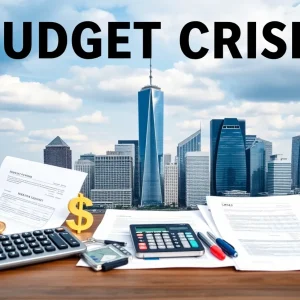 Conceptual image representing New York's budget crisis with financial symbols.