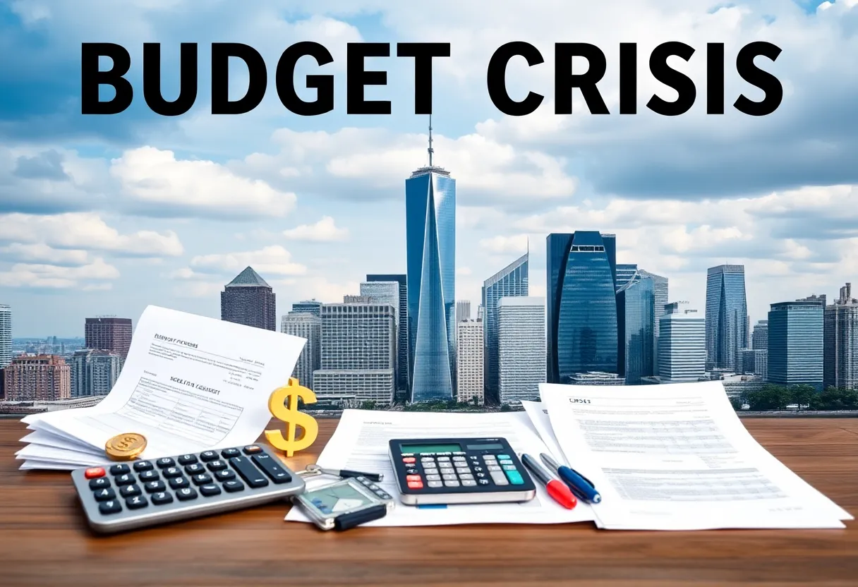 Conceptual image representing New York's budget crisis with financial symbols.