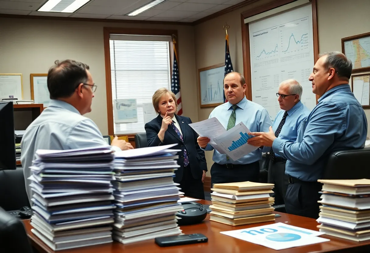 State officials discussing budget strategies in a government office