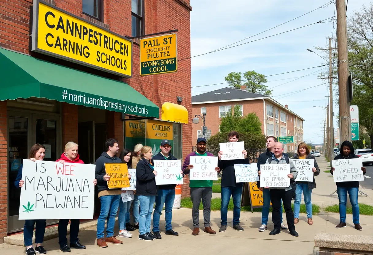 Cannabis dispensary owners demonstrating against proximity regulations outside their shop in New York.