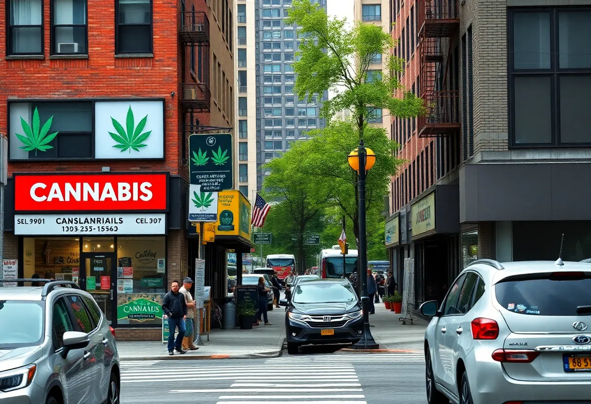 A street view showing cannabis dispensaries near a school in New York City.