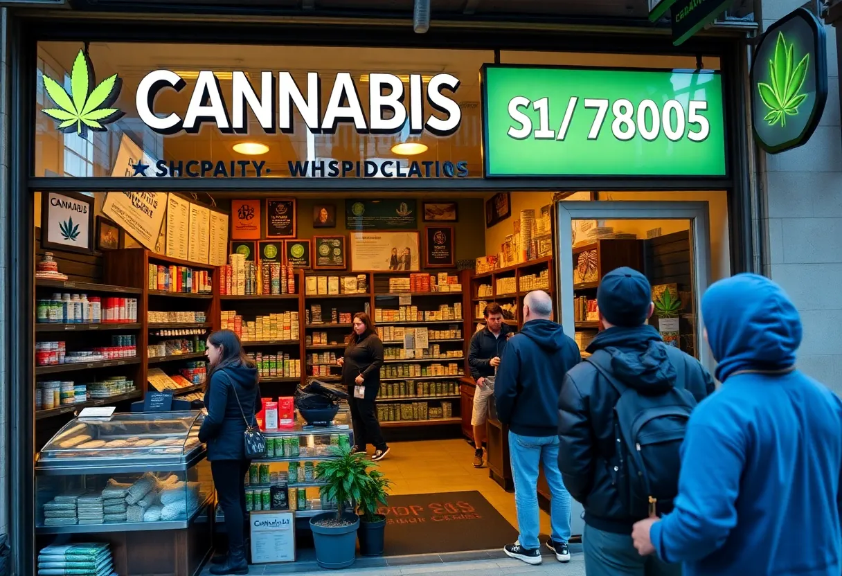 Exterior view of a New York cannabis dispensary with customers