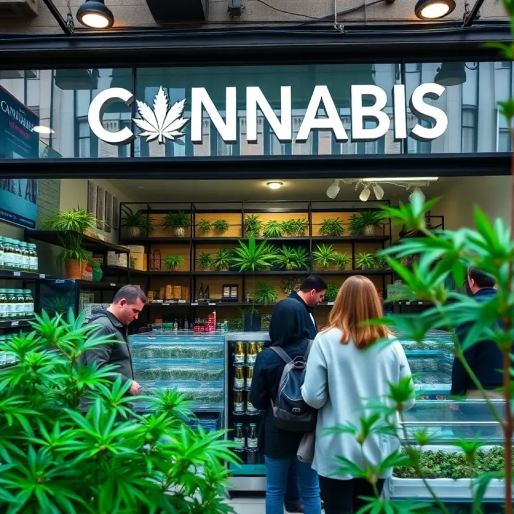 Front view of a cannabis dispensary in New York with customers