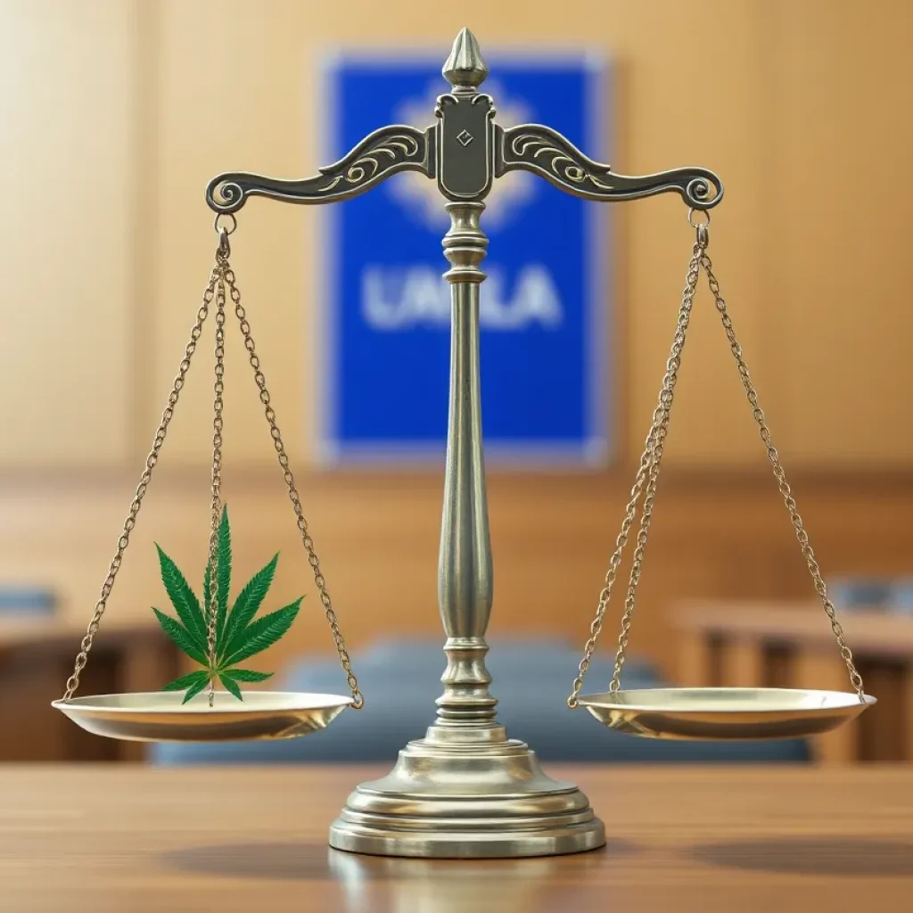 Illustration of cannabis policy with scales of justice in a courtroom