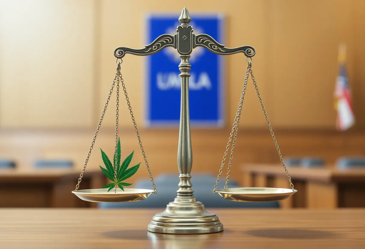 Illustration of cannabis policy with scales of justice in a courtroom