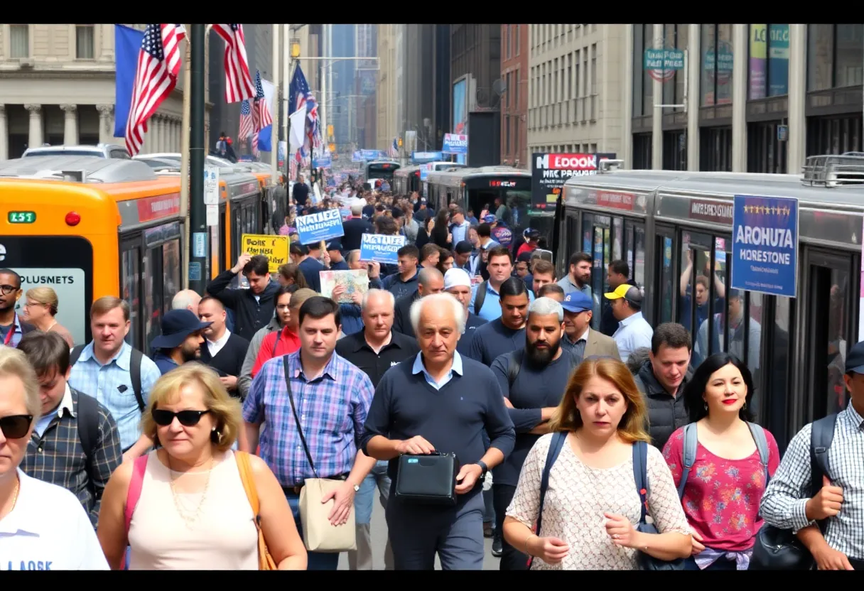 A vibrant scene of New York City highlighting campaign activities and community life.