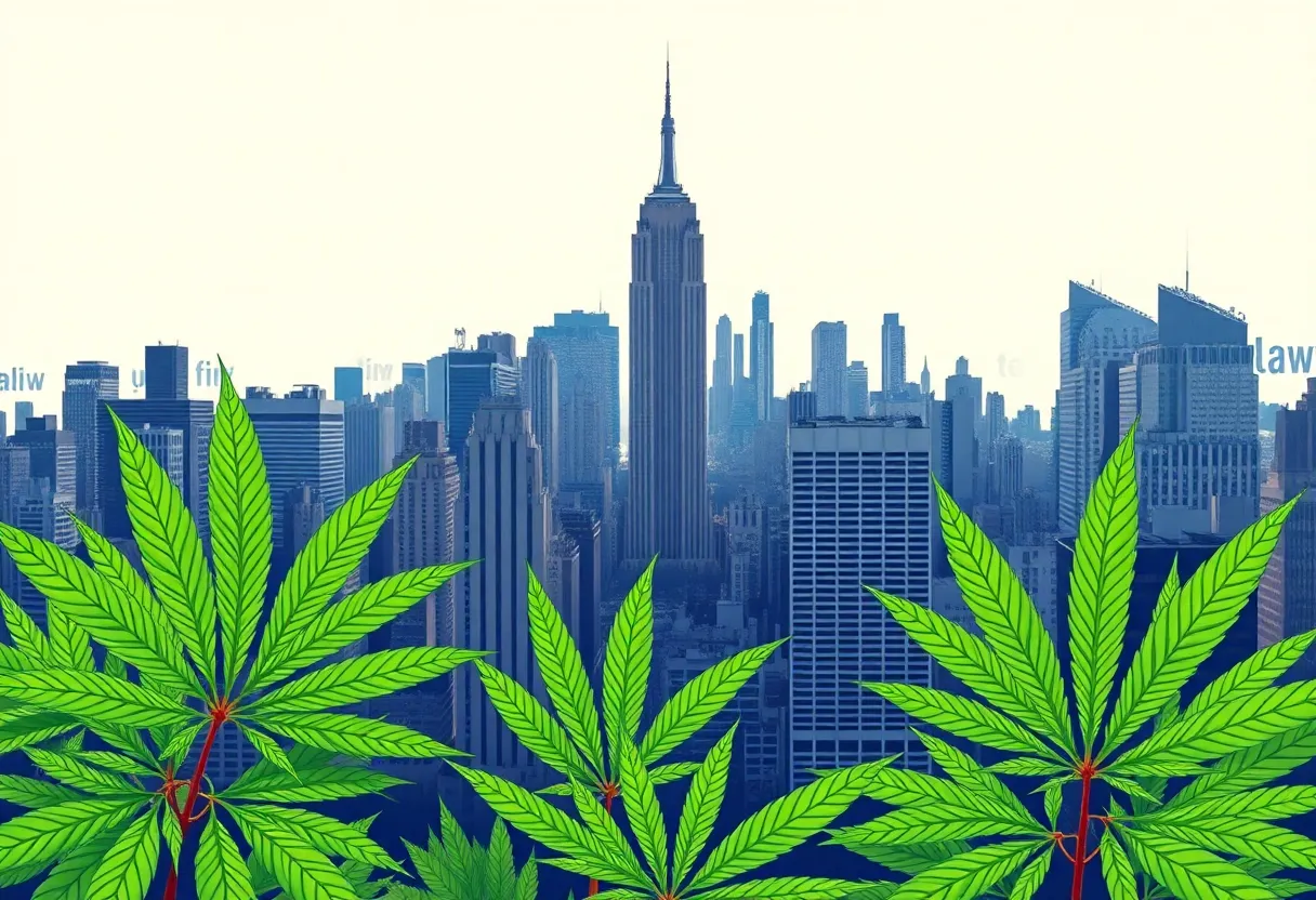 Skyline of New York City with cannabis leaves