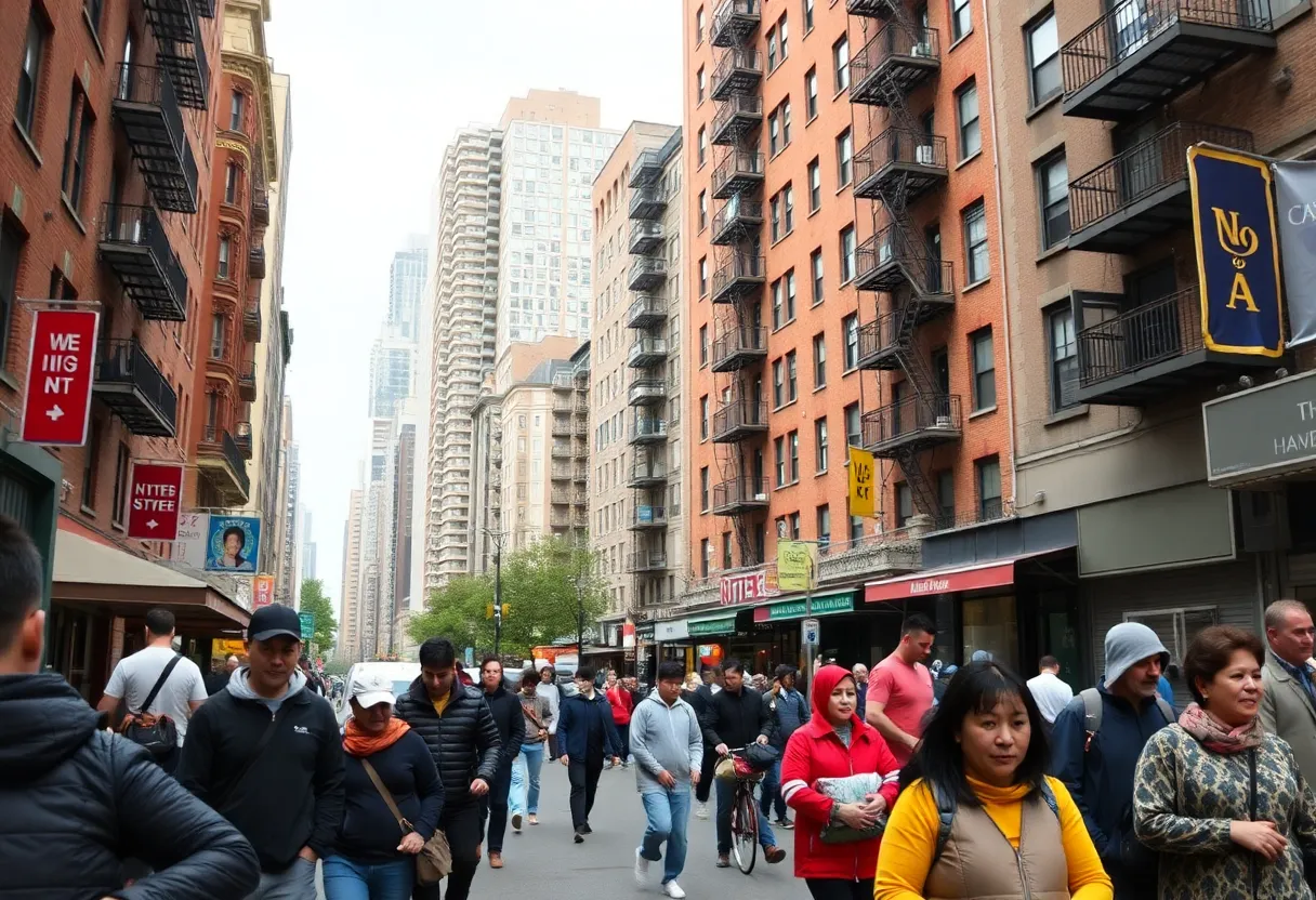 A crowded street in New York City showcasing daily life amidst high-rise buildings