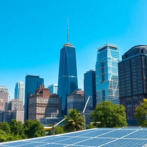 Modern electric-powered buildings in New York City skyline
