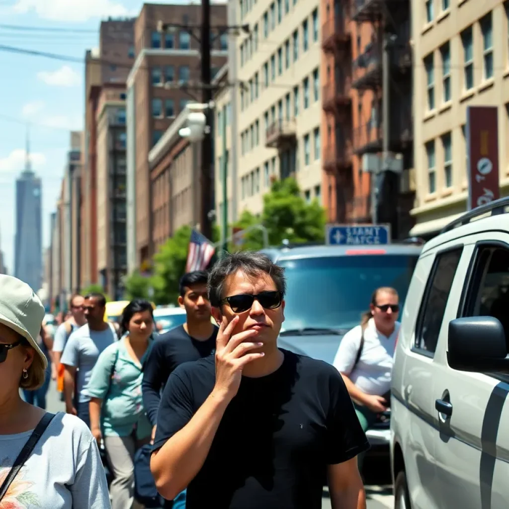 A crowded New York street during a heatwave with utility poles visible