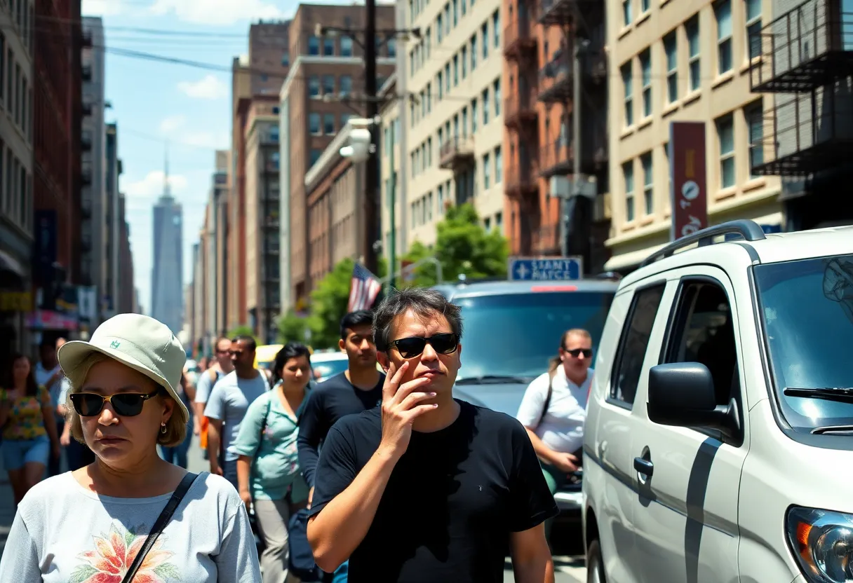 A crowded New York street during a heatwave with utility poles visible
