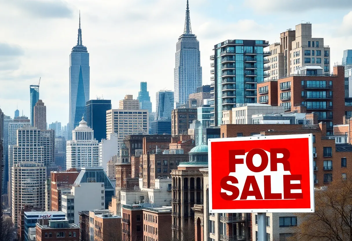 New York City skyline with 'For Sale' signs