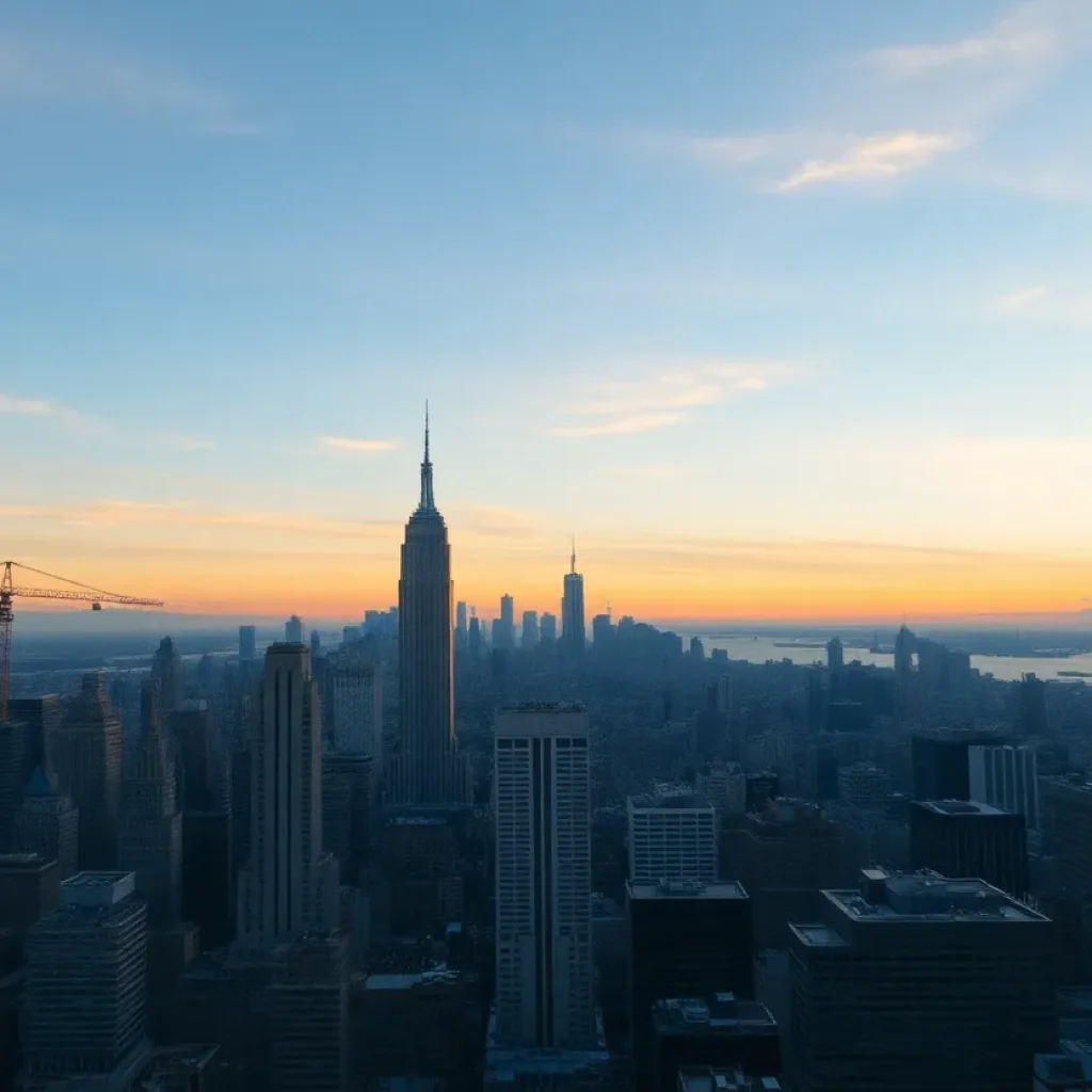 Skyline view of New York City during sunset, symbolizing economic challenges.