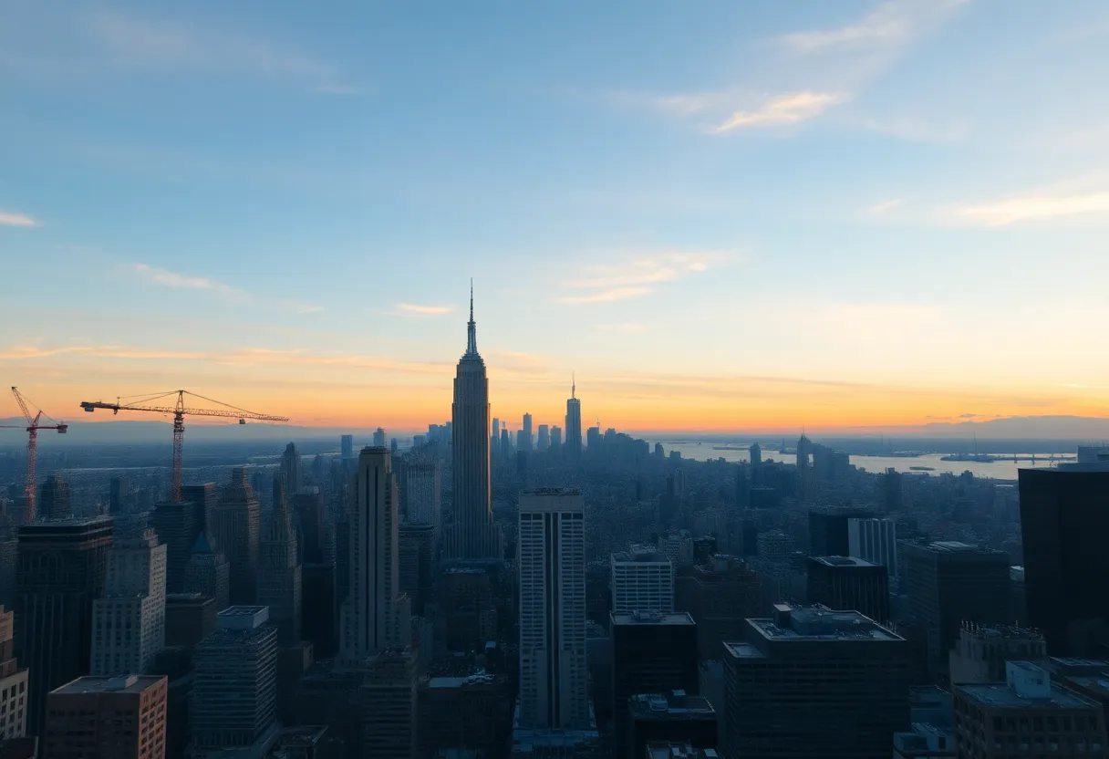 Skyline view of New York City during sunset, symbolizing economic challenges.