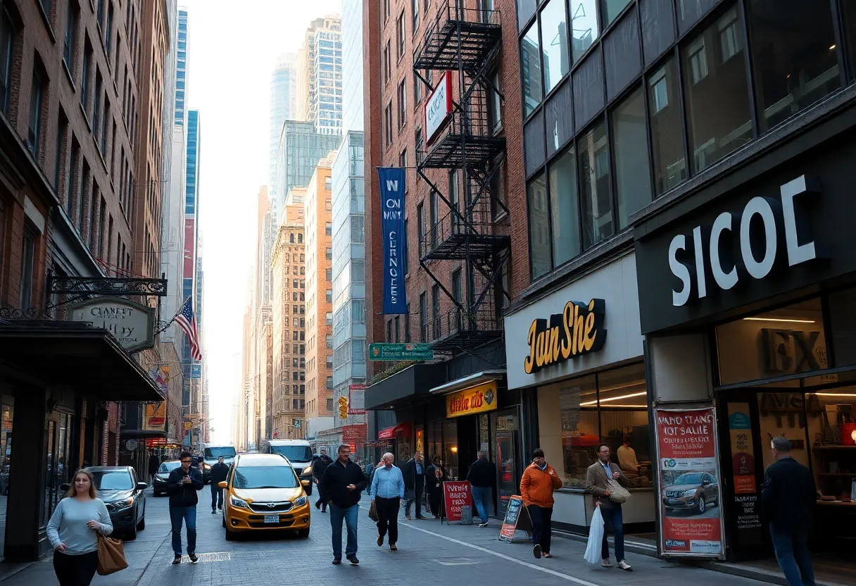 New York City street showing empty tourist sites and struggling businesses.