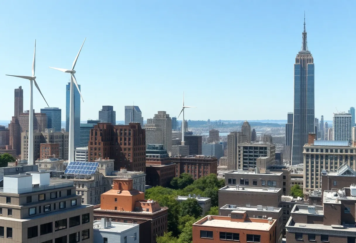 A view of a New York cityscape with renewable energy installations highlighting climate action efforts.