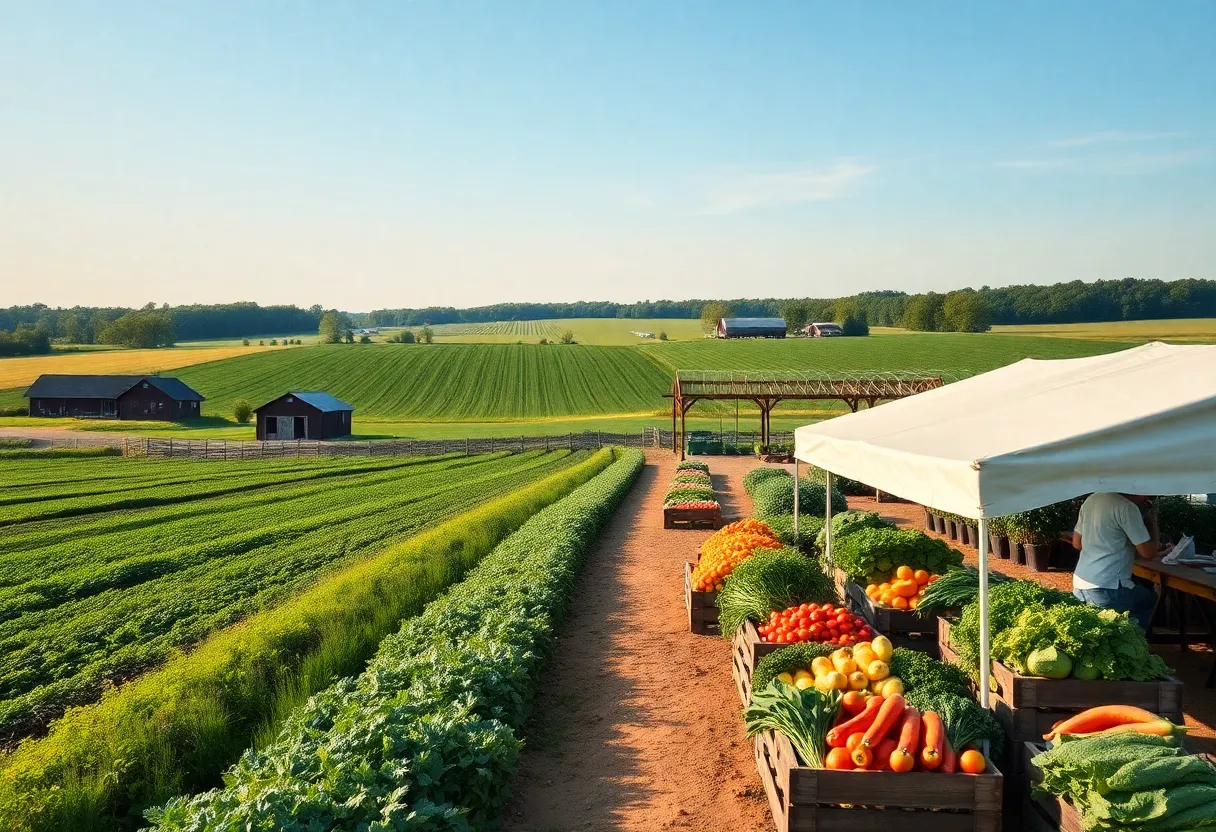 A landscape image of a New York farm exhibiting sustainable practices with various crops and a farmer's market.