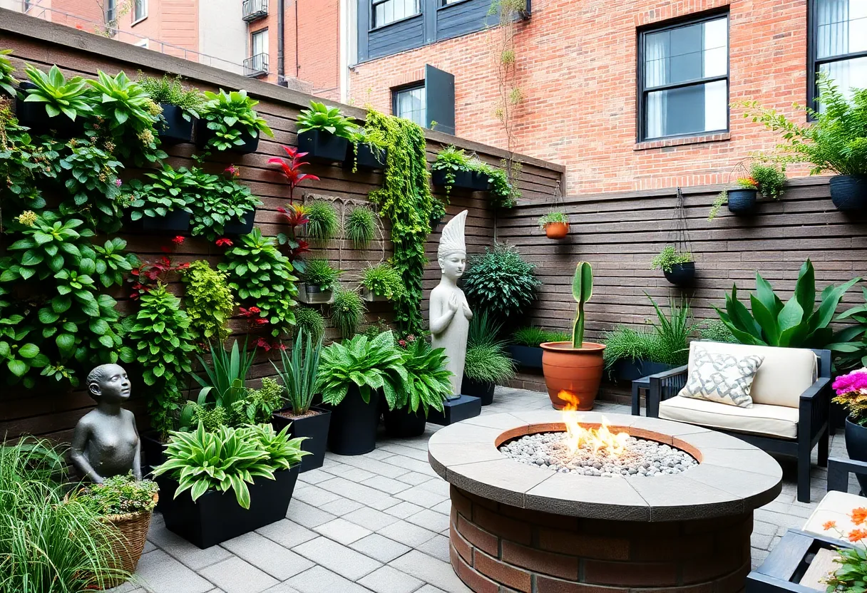 Beautifully designed garden in New York City with various elements including vertical gardens and a fire pit.