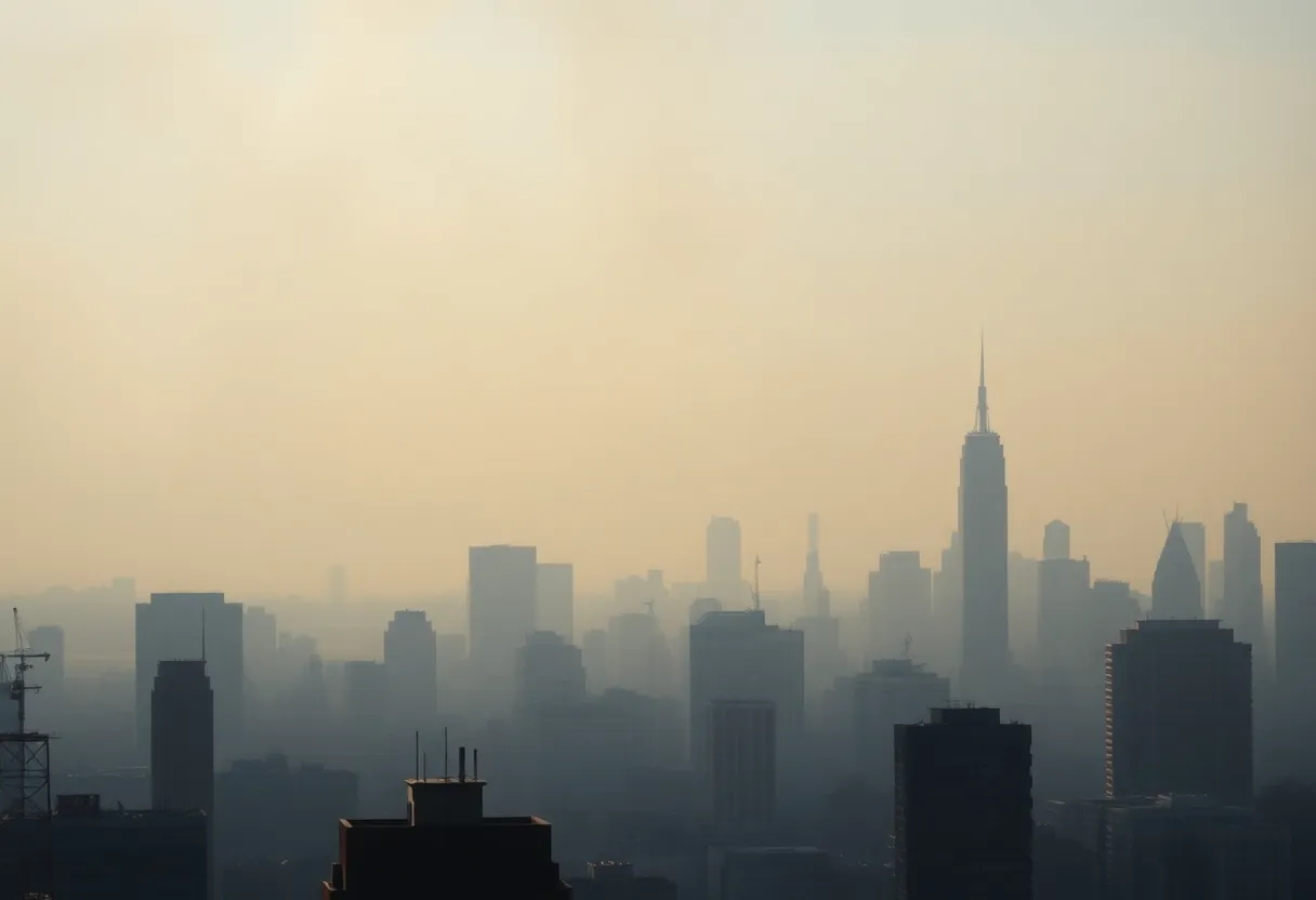 Hazy skyline of New York City showing poor air quality