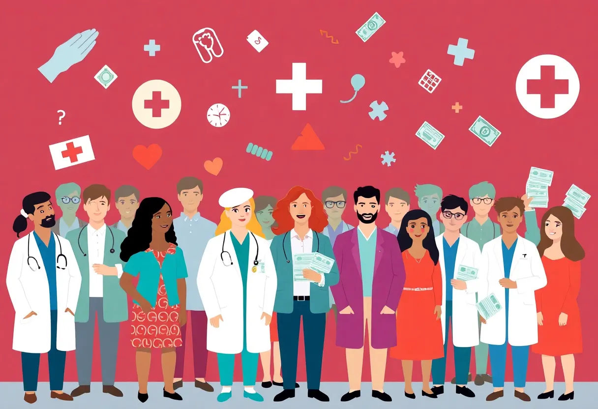 Illustration depicting healthcare challenges and Medicaid spending in New York.