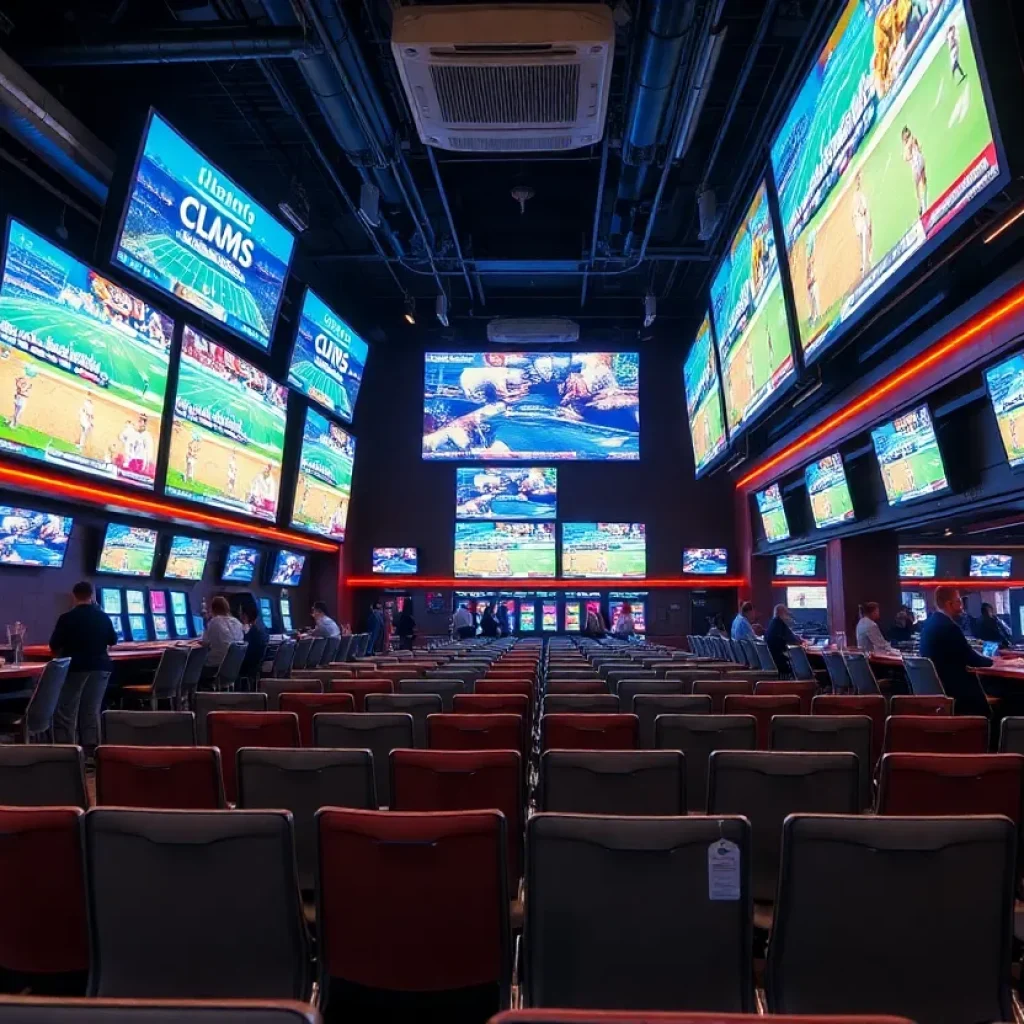 An urban sportsbook with screens displaying sports events, emphasizing a decline in betting activity.