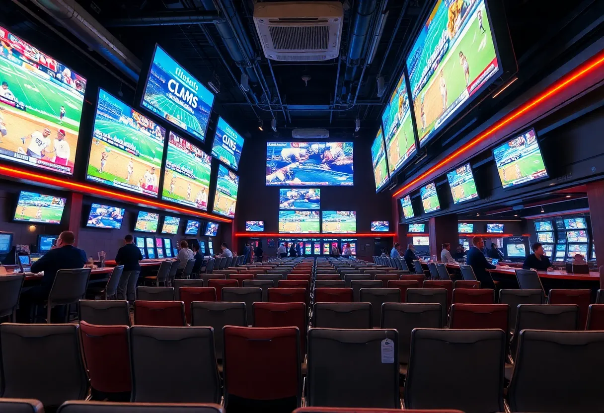 An urban sportsbook with screens displaying sports events, emphasizing a decline in betting activity.