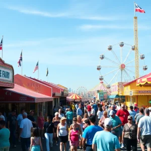 Crowds at the New York State Fair enjoying various attractions