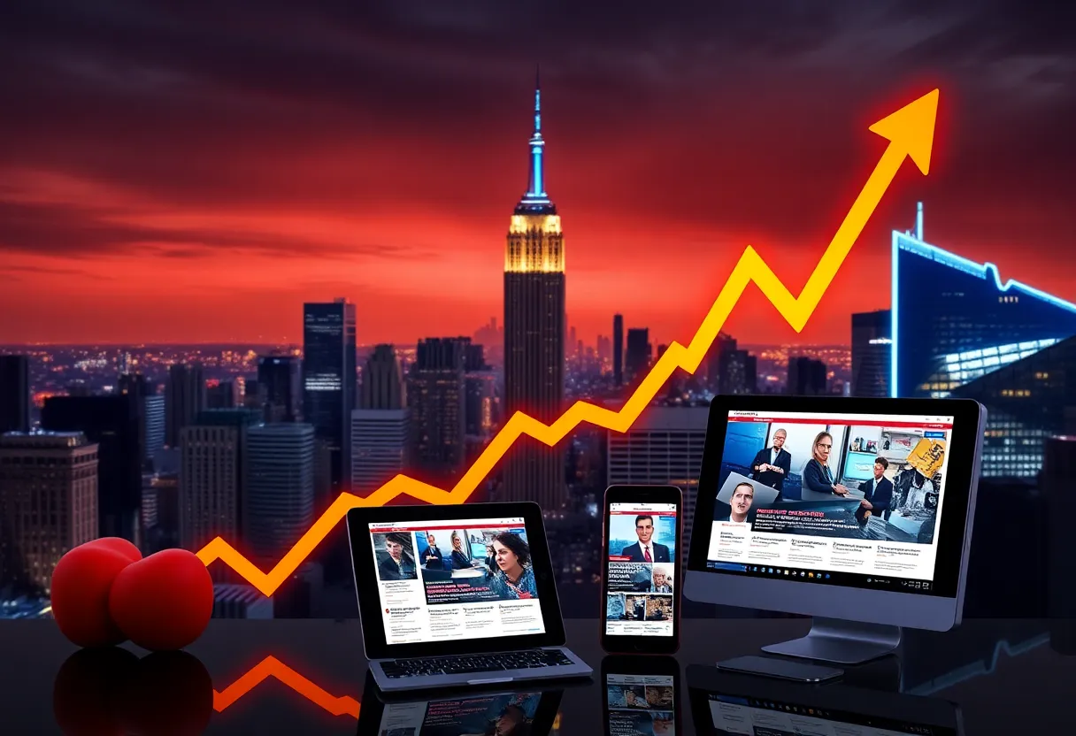 Graphical representation of The New York Times Company's strong earnings performance with elements symbolizing growth.