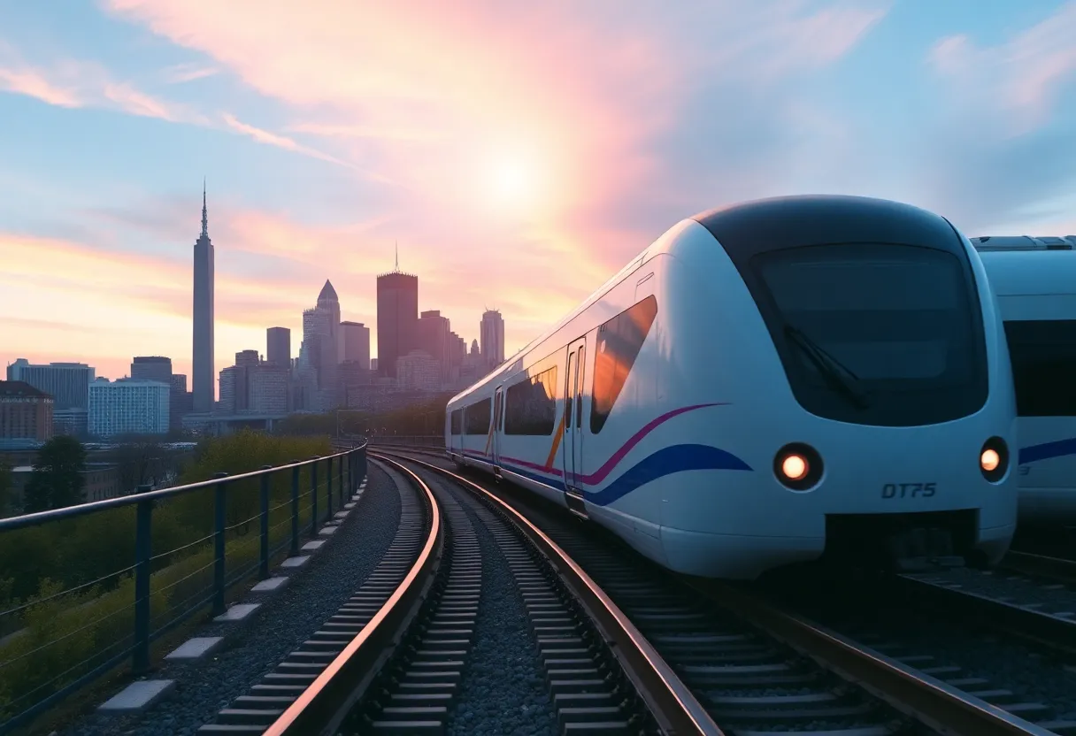 NextGen Acela train traveling along the tracks with a city skyline backdrop.